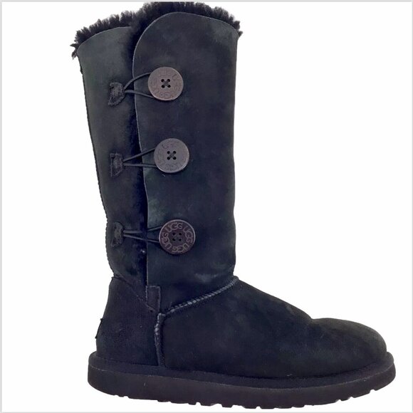 Ugg Bailey Button Tall Triplet Suede Fur Shearling Lined Boots Black Size 7 - Picture 2 of 14